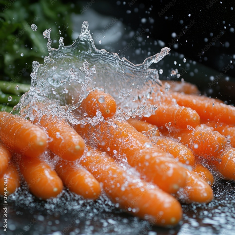Poster fresh carrots being washed with splashing water creating a dynamic and vibrant scene for healthy eat