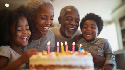 Joyful Family Celebration: Grandparents and Grandchildren Gather Around a Birthday Cake with Smiling Faces and Lit Candles, Creating Cherished Memories Together