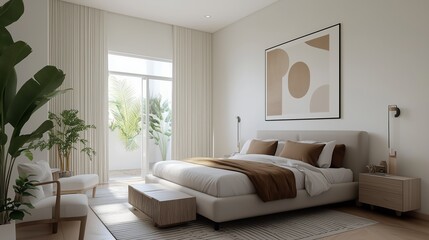 Fototapeta premium Modern Bedroom Oasis: A serene modern bedroom bathed in natural light, featuring a luxurious bed, stylish decor, and a balcony overlooking lush greenery.