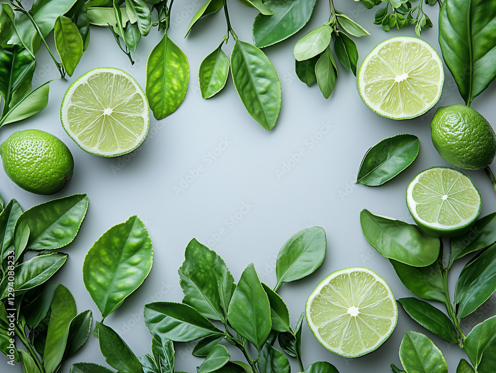 Poster fresh limes and green leaves arranged in circular pattern on light background, creating vibrant and 