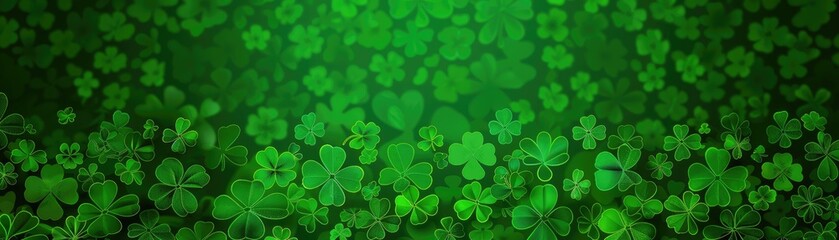 Green Patricks Day greeting banner with green clovers. Patrick's Day holiday design. Horizontal background, headers, posters, cards, website. Vector illustration. MZ 