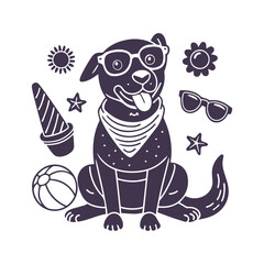 Fototapeta premium Dog Wearing Sunglasses with Beach Fun Elements — Summer Silhouette Vector Clipart Illustration