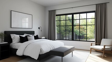 Serene Bedroom: This image captures a modern bedroom, bathed in natural light, featuring a comfortable bed, elegant furnishings, and a large window overlooking a serene outdoor view. 