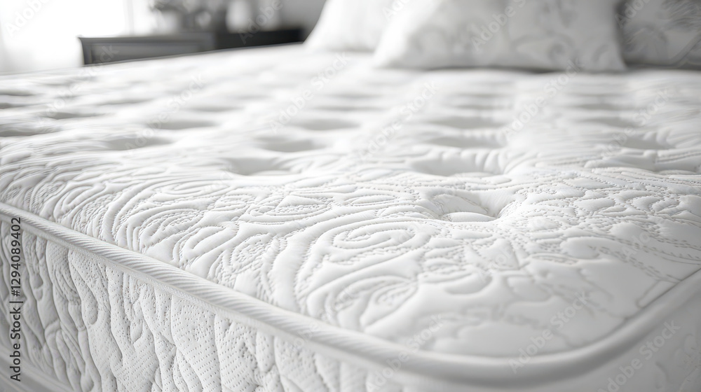 Poster close-up view of intricately quilted mattress surface with soft fabric texture