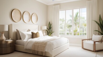 Fototapeta premium Coastal Chic Bedroom: A serene and stylish bedroom interior featuring a plush white bed, elegant furniture, and a large window overlooking a tropical landscape.