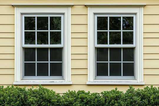 Fototapeta Double Hung Windows on Tan Wooden Wall with Multiple Panes of Glass