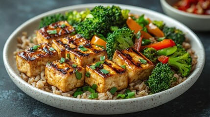 Grilled tofu, brown rice, and vegetables on plate