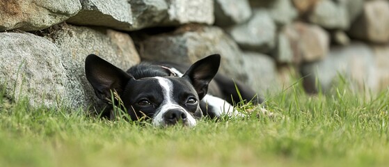 Fototapeta premium Adorable Boston Terrier Relaxing in Green Grass Near Stone, Pet World Serenity Concept
