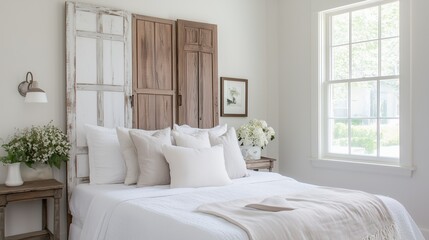 Fototapeta premium Bedroom Serenity: A beautifully designed bedroom featuring a rustic headboard, layered pillows, and a bright window, creating a serene and inviting atmosphere.