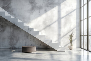 Modern interior with white concrete wall and minimalist staircase. round ottoman and potted plant add touch of warmth to airy space, creating serene atmosphere