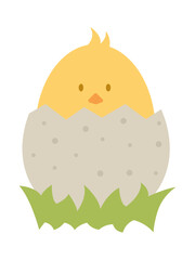 cute flat illustration of a little chicken in an eggshell for Easter day. Graphic spring element for Easter. For decoration