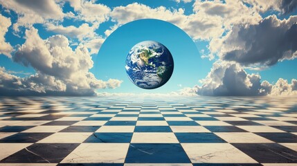 A chessboard stretching into the horizon, with Earth as the centerpiece, showing the world as beyond political games.