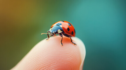 Close-Up View of a Vibrant Ladybug Crawling on a Human Finger Against a Colorful Background, Showcasing Nature's Beauty in Macro Photography