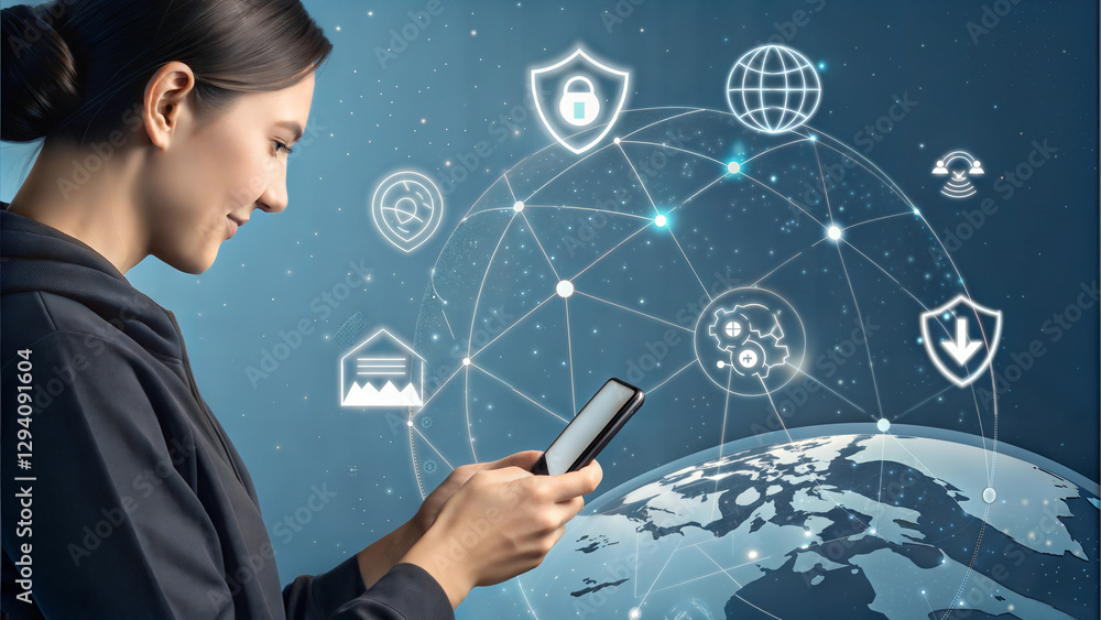 Poster digital connection user engaging with technology global network interactive content online environme