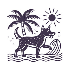 Playful Puppy at the Beach Summer Silhouette Vector Illustration