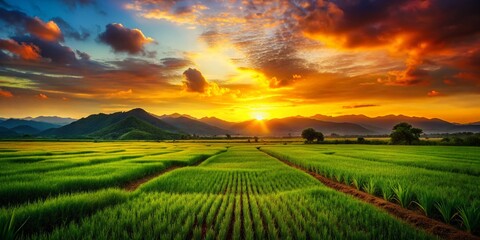 Obraz premium Lush Green Rice Paddy Field Landscape at Sunset, Golden Hour, Rural Scene, Asian Countryside