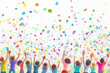 Colorful Celebration with People Cheering Under Falling Confetti
