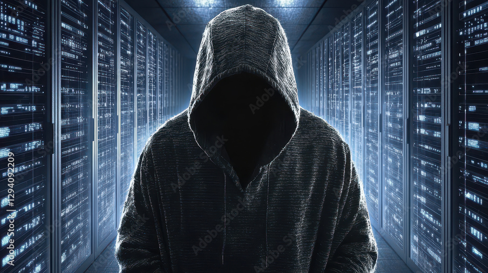 Poster mysterious individual operates in dimly lit server room with glowing hacking tools