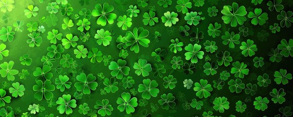 Green Patricks Day greeting banner with green clovers. Patrick's Day holiday design. Horizontal background, headers, posters, cards, website. Vector illustration. MZ 