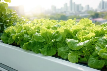 Lush green lettuce thrives in urban rooftop garden, bathed in wa