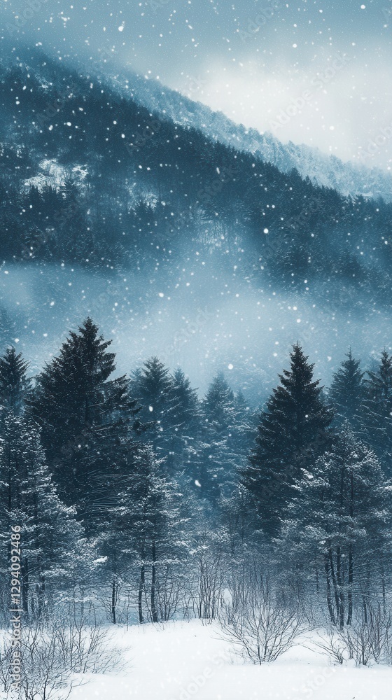 Poster enchanting winter landscape with snow covered fir trees and mountain in background creating a serene