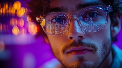 A man with glasses displaying digital code projections looking intently in a vibrant purplelit nightlife setting
