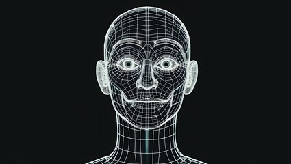 Invisible Cybernetic Man – Futuristic Wireframe AI Face, Digital Glowing Grid on Black Background