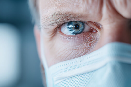 Intense gaze of surgeon with visible eyes above mask, conveying focus and determination. close up highlights importance of precision in medical procedures - Powered by Adobe