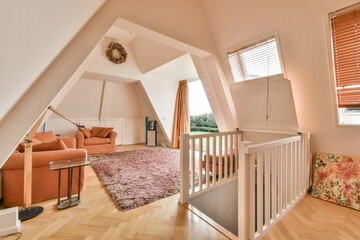 A stylish interior showcasing a modern living space with unique architectural features, soft...