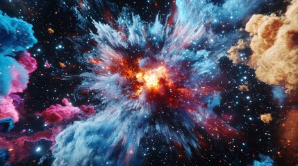 Vibrant Cosmic Explosion with Colorful Gas Clouds and Stars in the Universe
