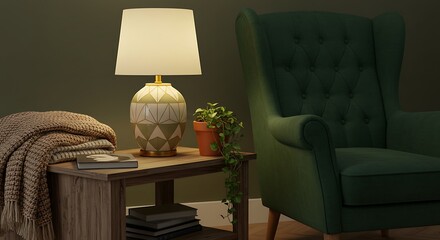 Cozy Living Room with Lamp, Armchair, Blanket, and Green Plant