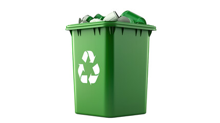 A green recycling bin filled with various types of waste materials.