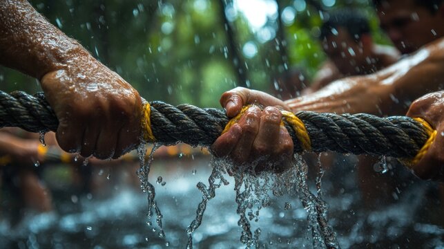Hands tug rope in rain, outdoor team competition