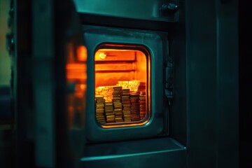 Fototapeta premium Gold Bars Stacked Neatly Inside Secure Vault with Warm Lighting