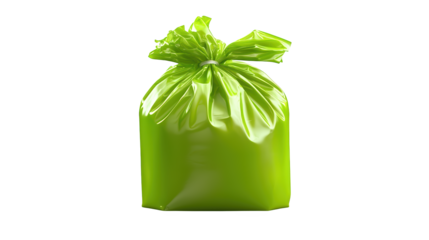 A bright green plastic bag, tied at the top, showcasing its glossy surface and solid form.