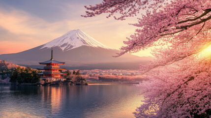 Fototapeta premium Scenic View of Mount Fuji and Cherry Blossom Trees with Traditional Pagoda at Sunrise in Japan, Serene Reflection on Lake, Spring Atmosphere, Beautiful Landscape