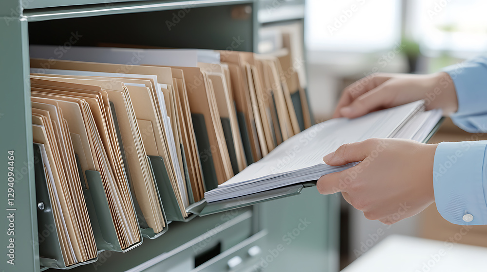 Poster person filing paperwork. close up of a filing cabinet with files and documents and a person adding d