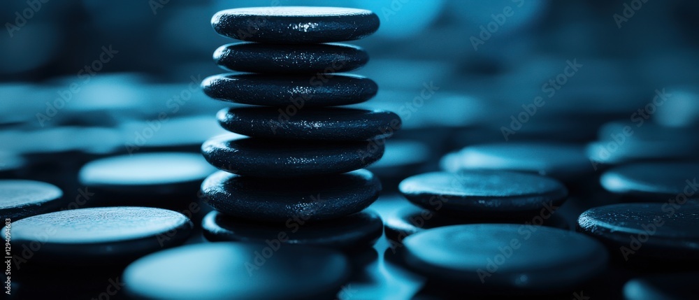 Poster a stack of smooth, dark stones is centered against a blurred background of similar stones, creating 