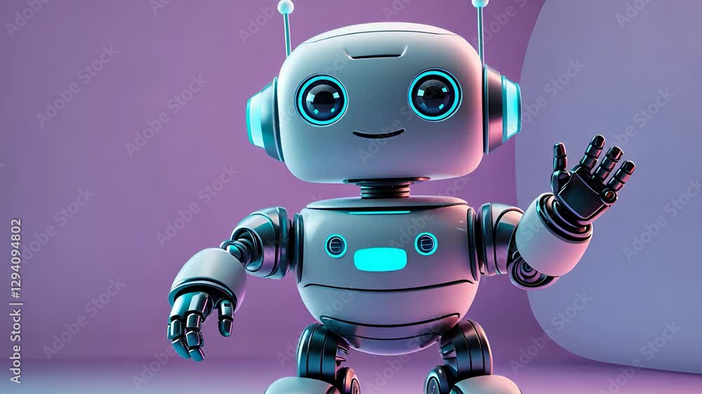 Poster cute futuristic robot with big eyes and antennas waving hand in colorful sci-fi setting with advance
