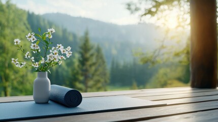 A serene yoga setup with flowers and a mat, set against a beautiful mountain backdrop, promoting relaxation.