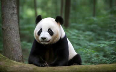 Obraz premium A beautiful panda calmly resting in the lush forest, surrounded by greenery