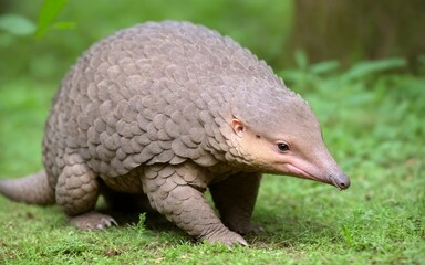 A beautiful pangolin carefully moving through the dense forest underbrush