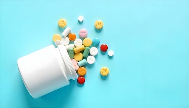 Una fotograf&iacute;a de estudio, vista desde arriba, presenta una variedad de p&iacute;ldoras y c&aacute;psulas esparcidas alrededor de un frasco de pastillas de pl&aacute;stico blanco abierto sobre un fondo azul claro