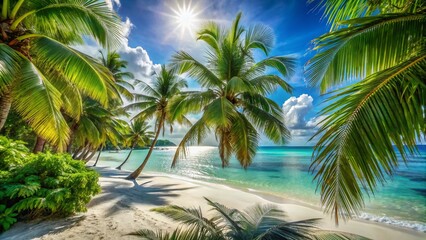 Lush Tropical Island Paradise: Palm Trees, Turquoise Water, White Sand Beach