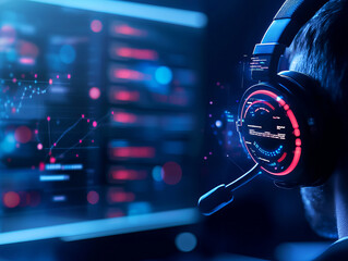 Fototapeta premium Futuristic support center with AI technology, analyzing data and trends