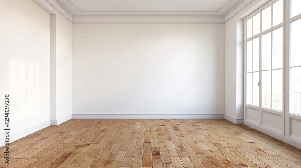 Poster room cozy interior background with soft window sunlight and trees shadows, summer empty room and woo