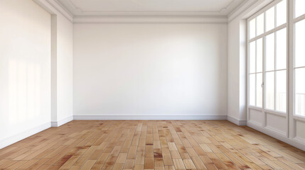 Fototapeta premium Room cozy interior background with soft window sunlight and trees shadows, summer empty room and wooden parquet floor - empty room place for design solutions and advertisement, summer cozy background