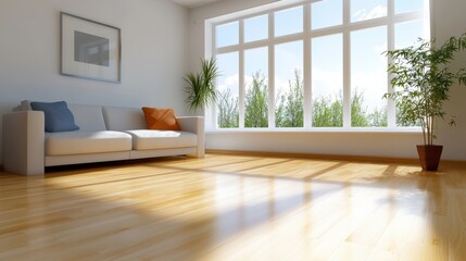 Fototapeta premium Bright and airy living room with natural light, plants and comfortable furniture, perfect for relaxation.