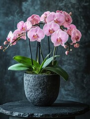 Elegant pink orchid blossom in dark stone pot on slate table against a textured dark background studio shot