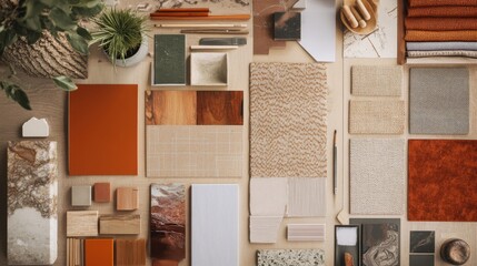 A flat lay of various textures and colors showcasing design materials for interior decoration